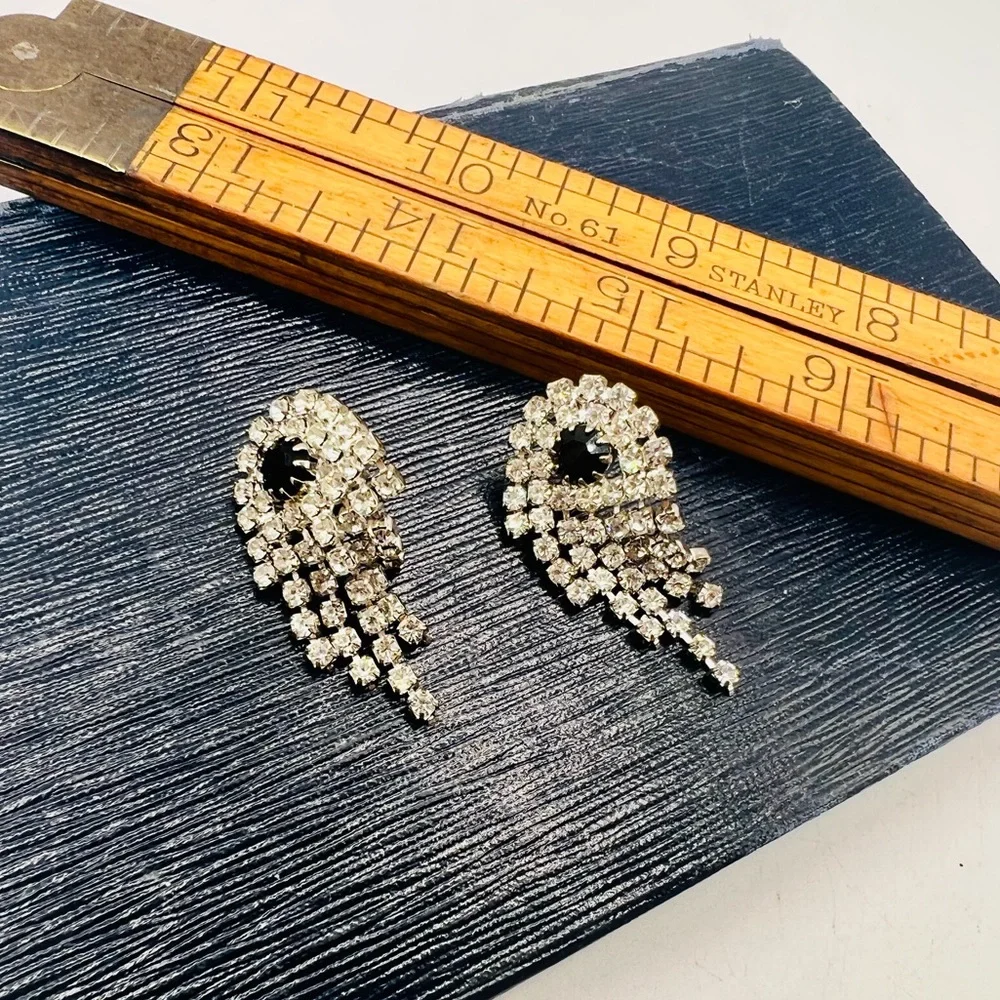 Vintage silver rhinestone fringe pierced earrings black accent dangles unique